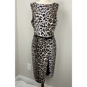 Cato Dress Size 16 Leopard Brown Stretch Slit Front Sheath Sleeveless With Belt